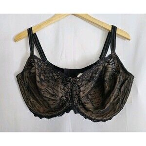 Chantelle 42H Black Beige Lace Underwire Bra Full Coverage Womens